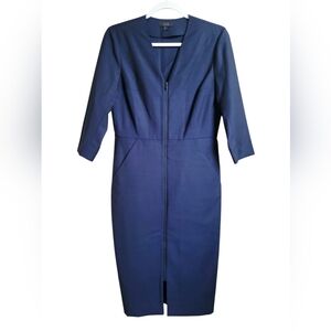 COS Navy Blue 100% Wool‎ 3/4 Sleeves Business Casual Tailored Sheath Dress US 6